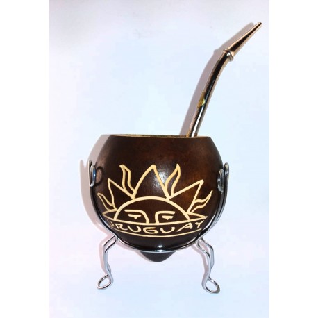 Conjunto de porongo tallado con soporte en metal y bombilla en bronce